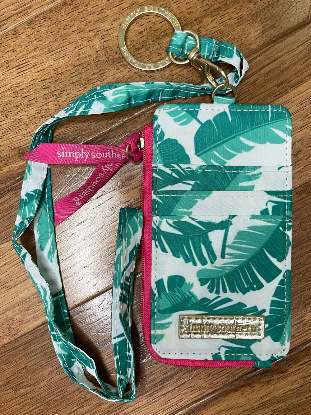 Simply Southern Tropical Palm Leaf Lanyard Keychain Card Wallet with Pink Trim